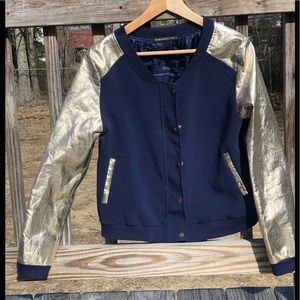 GOLD METALLIC AND NAVY VARSITY JACKET